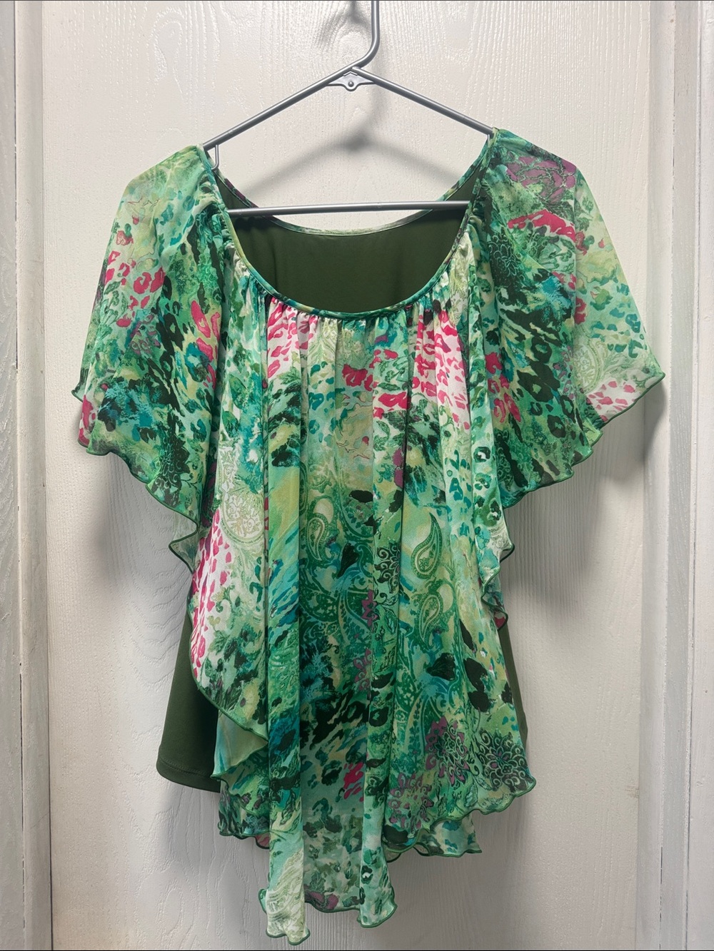 Green Floral Ruffled Flutter Sleeve Blouse